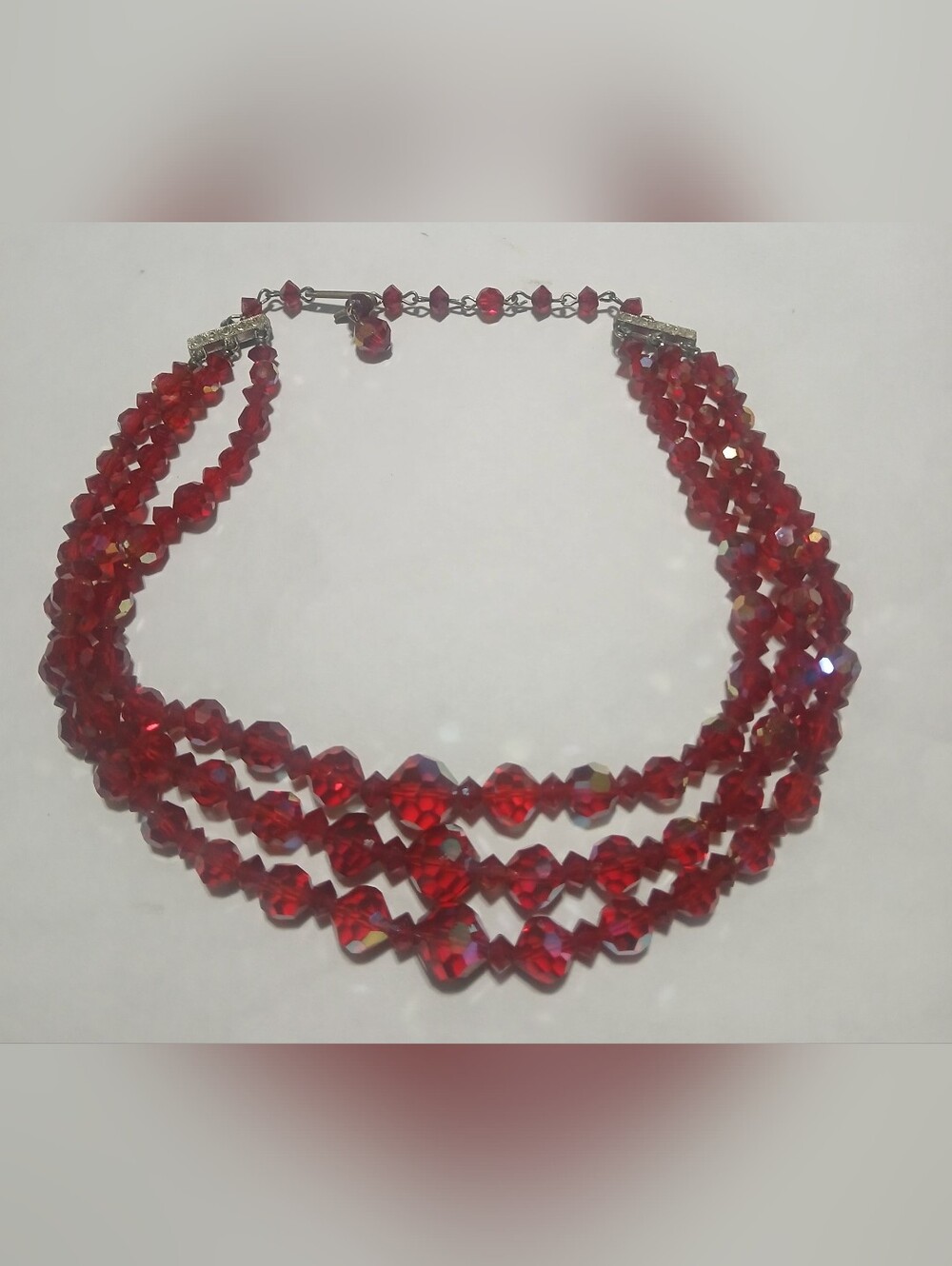 Vintage 3 Strand Red Aurora Borealis Necklace